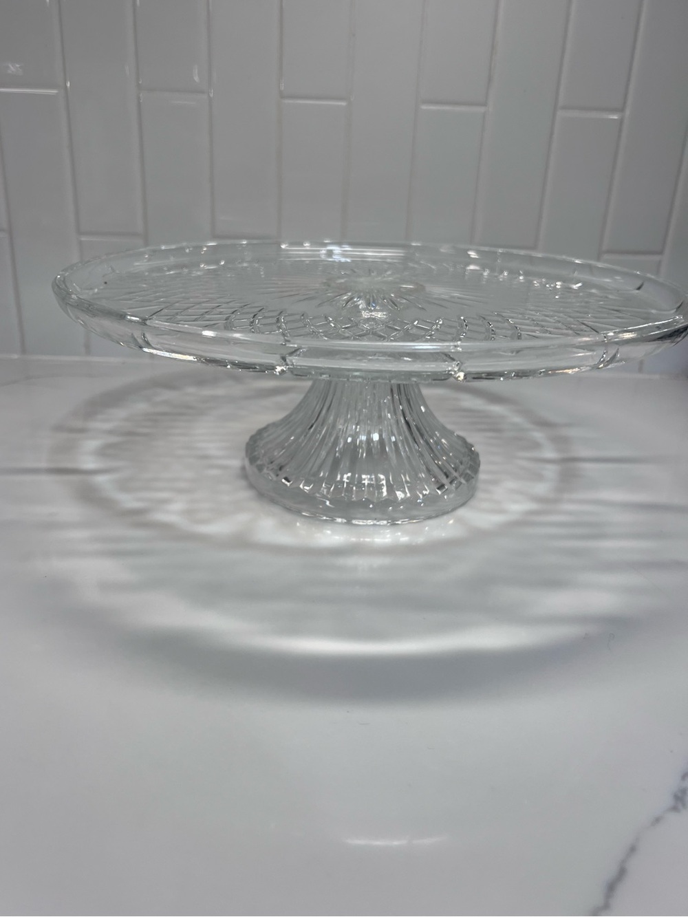 Vintage Glass 12” Cake Pedestal Cake Stand Star And Fan Pattern
